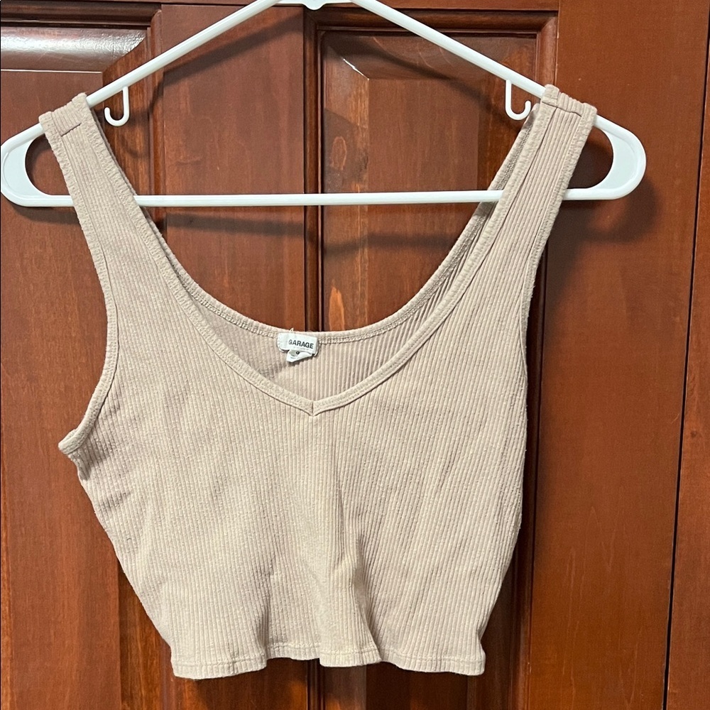 Garage Beige Ribbed V-Neck Crop Top
